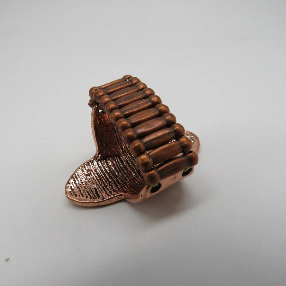 Antique Copper Tone Boho Shield Stretch Ring Size 7 Floral Beaded Statement